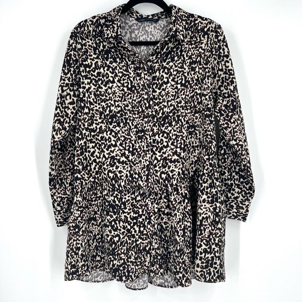 Zara Woman Cheetah Peplum Tunic Length Button Down Blouse medium - Picture 5 of 10